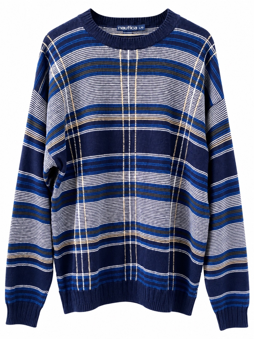 Vintage Nautica Linen Cotton Plaid Crewneck Sweater Mens Large